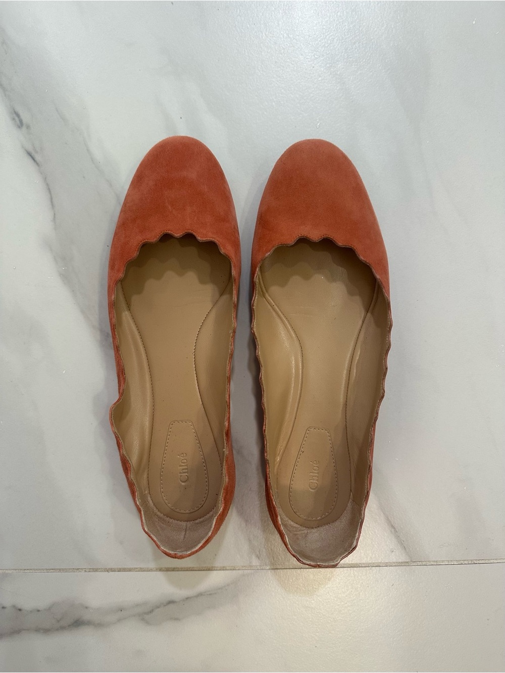 Chloé Scalloped Suede Ballet Flats in Terracotta